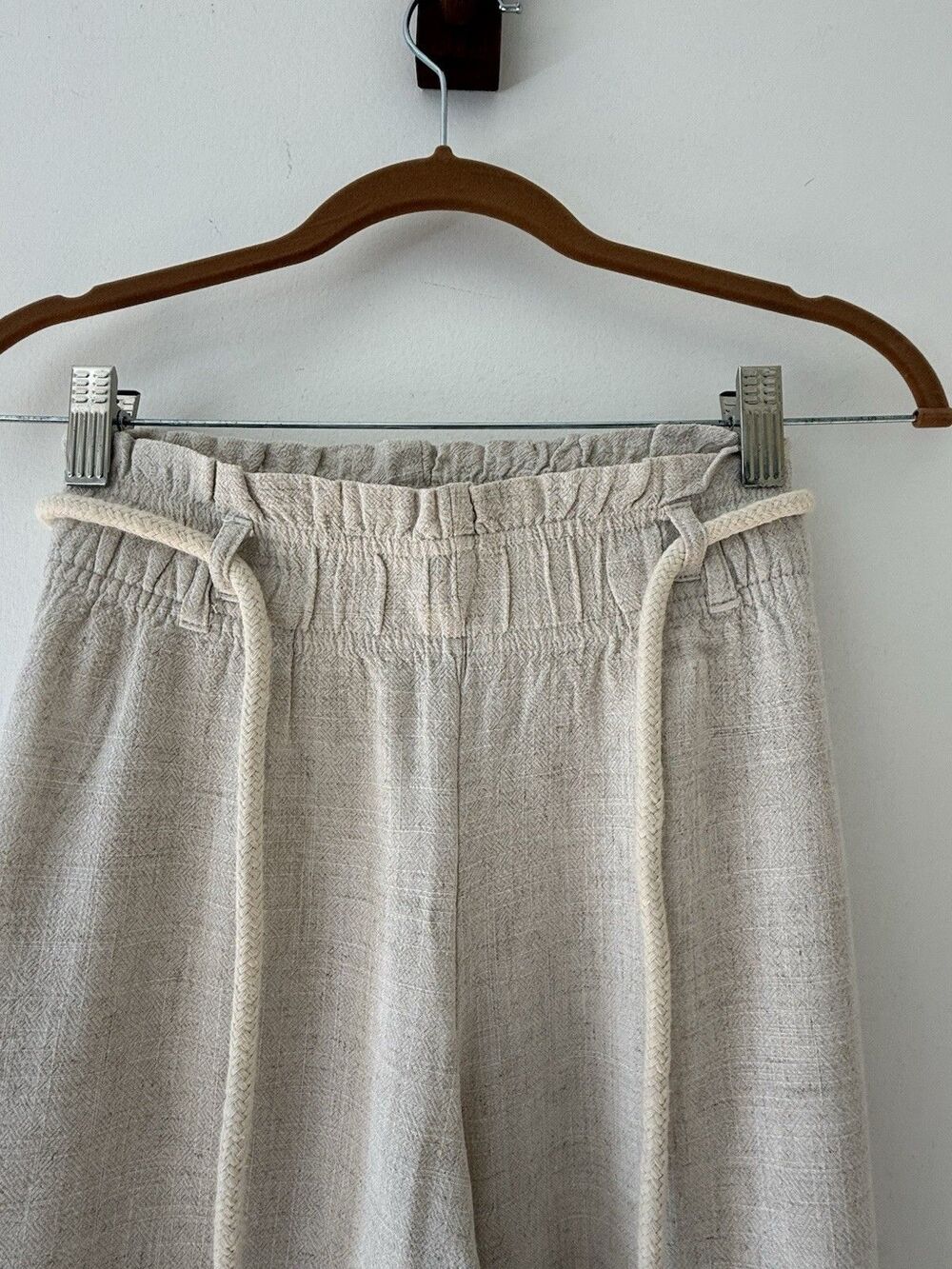 Linen Pants Rope Belt Tassel Wide Leg Beige Natural Coastal Cottage Beach Small - Picture 3 of 9